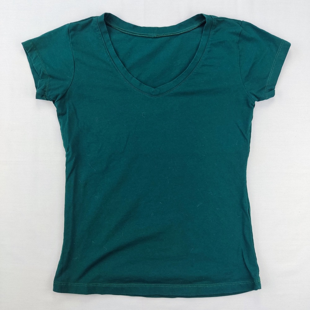 Unbranded T-Shirt Women S Green V-Neck Short Sleeve Slim Fit Cotton Blend Basic